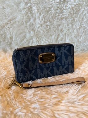 Michael Kors Navy and White Logo Wristlet with Gold Plaque Medium